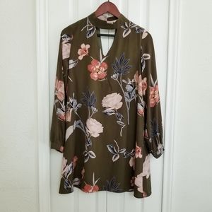 Olive Green, Floral, Long Sleeve ,Shift, Dress by